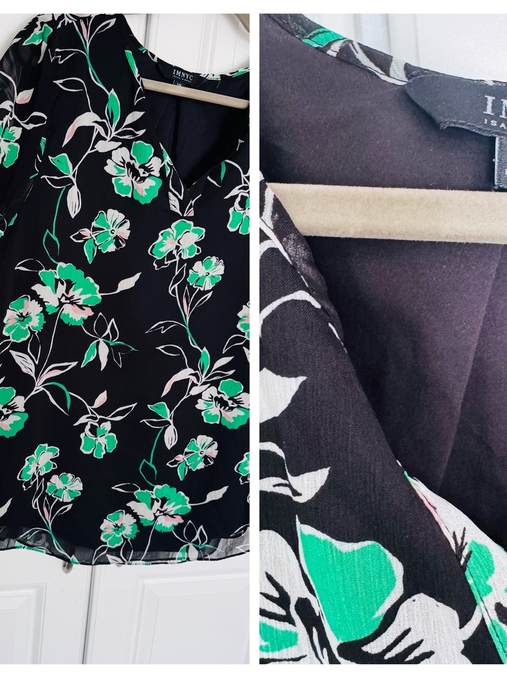IMNYC Black Floral V-Neck Blouse with Green Accents